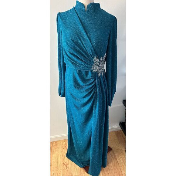 Blue/green long sleeve dress size 12-14 fancy going out cover up dress - Picture 2 of 8